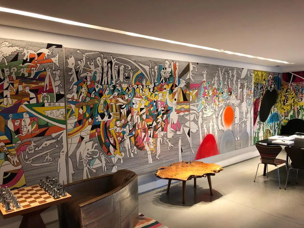 Contemporary hospitality interior with artistic wall installation