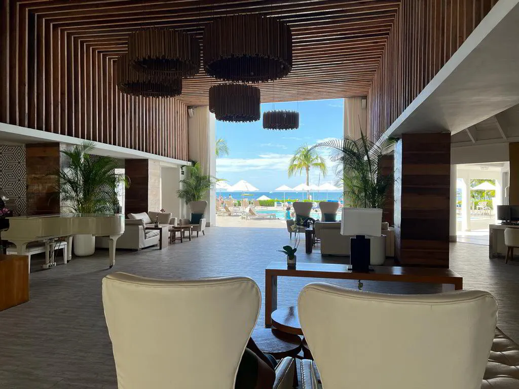 Luxury hospitality lobby overlooking the ocean