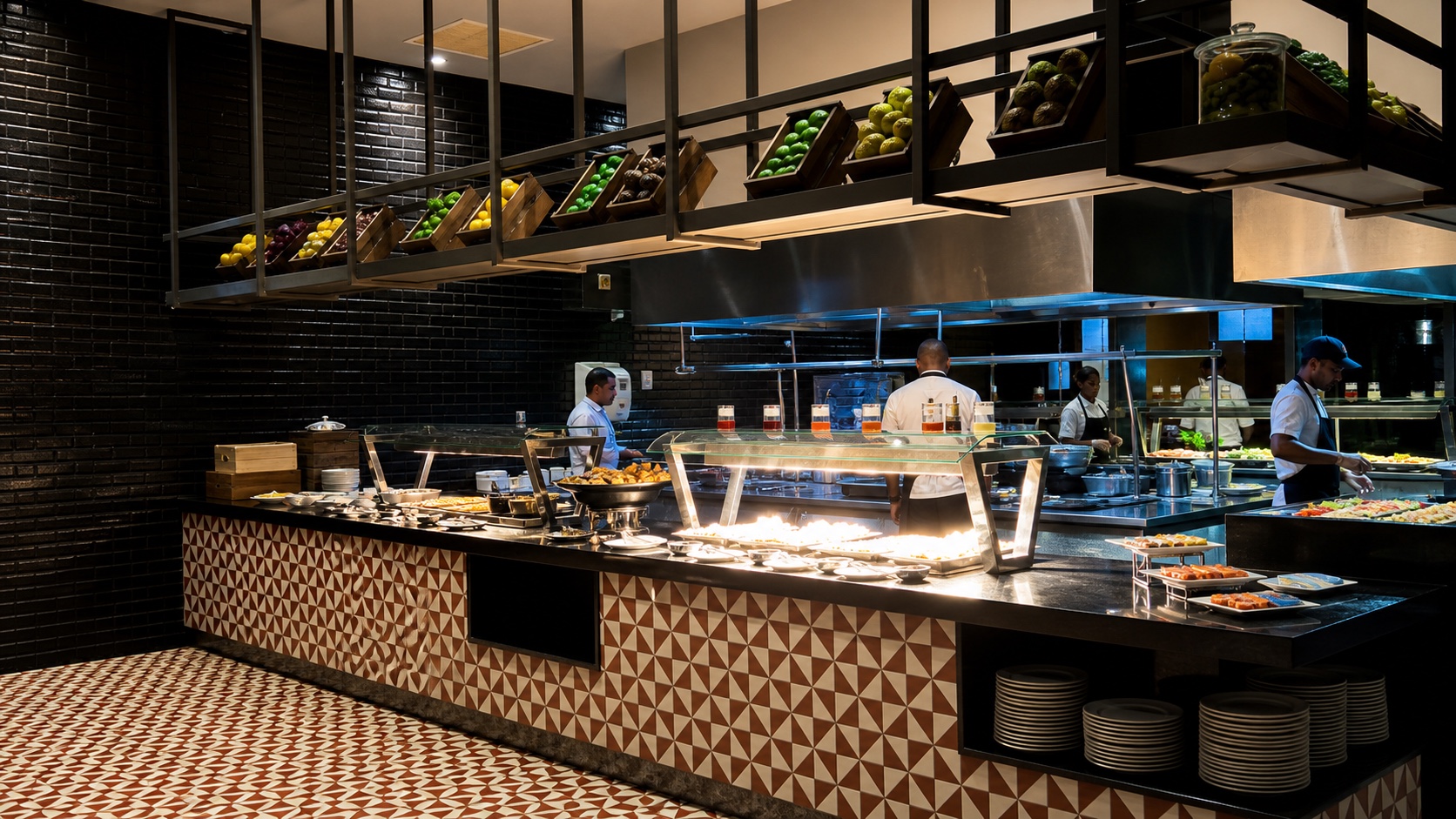 Luxury restaurant buffet and open kitchen operation