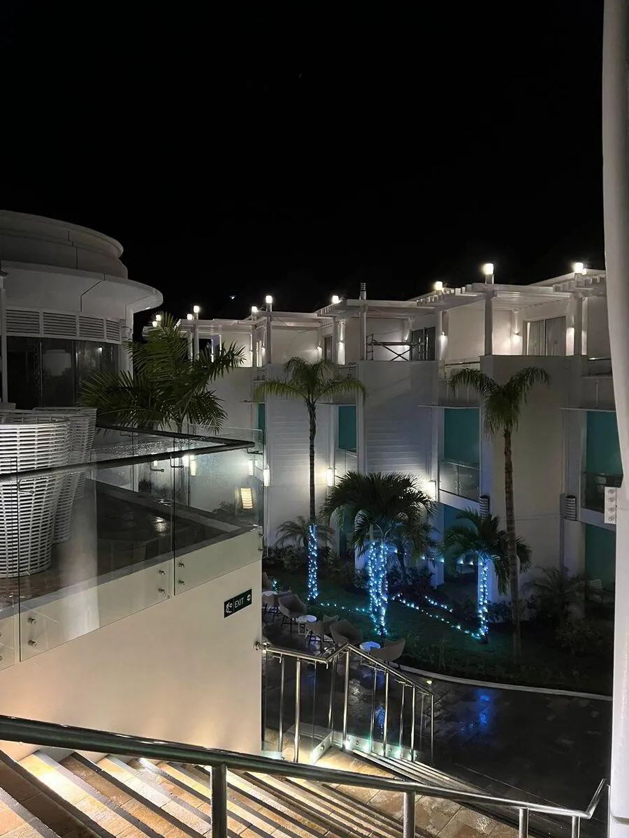Luxury hospitality property illuminated at night